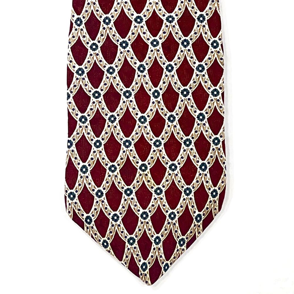 Vintage Claiborne Silk Tie 3.75" x 57" Burgundy Beige Teal Geometric